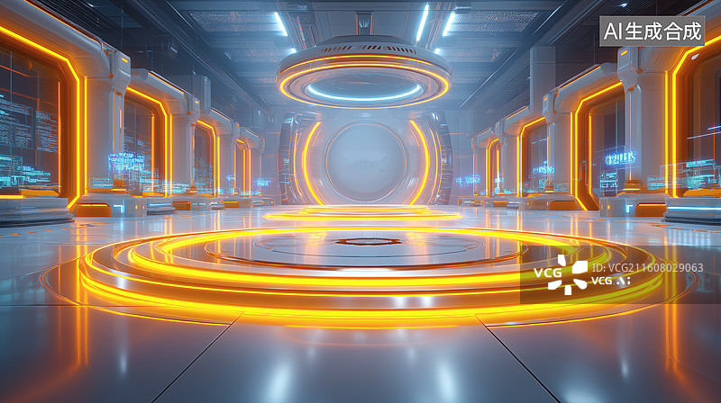 【AI数字艺术】未来科技中心内景，充满科幻感的橙色与白色光线图片素材
