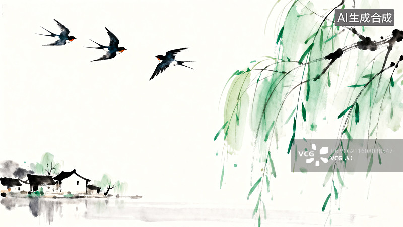【AI数字艺术】三只燕子在水面上飞翔柳枝村庄春分节气淡彩水墨插画图片素材