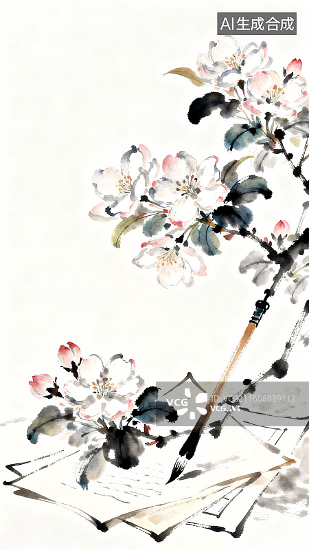 【AI数字艺术】盛开的杏花树下毛笔和纸谷雨节气淡彩水墨插画图片素材