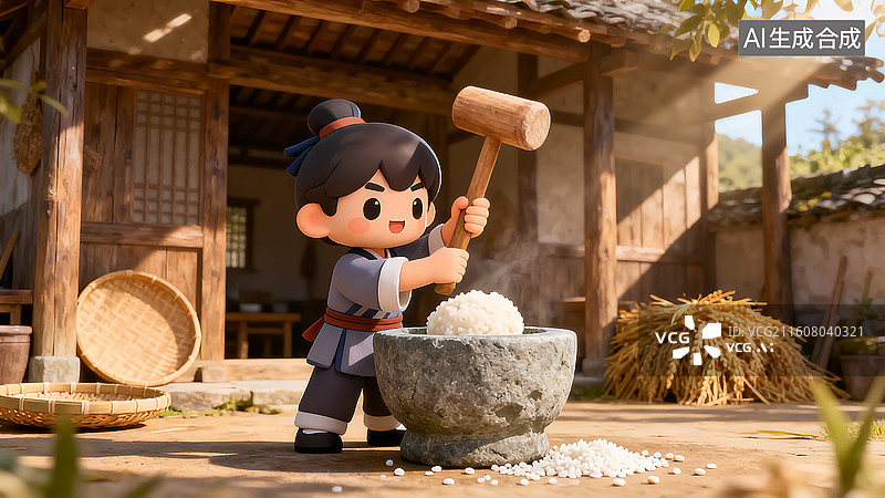 【AI数字艺术】卡通男孩打糍粑插画图片素材