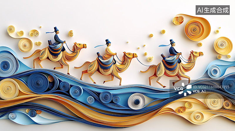 【AI数字艺术】刺绣风格沙漠中的驼队丝绸之路主题插画图片素材