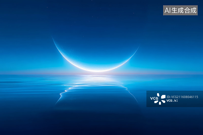 【AI数字艺术】蓝色夜空中弯月倒映在平静水面的宁静景象图片素材