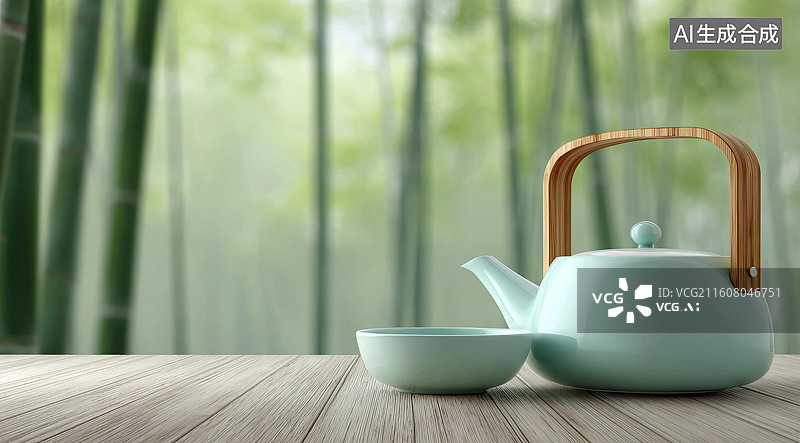 【AI数字艺术】竹林背景下的木质桌面上摆放着青色茶壶与茶碗图片素材