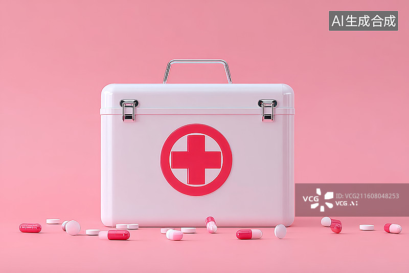 【AI数字艺术】白色急救箱配红色十字标志及散落药丸图片素材