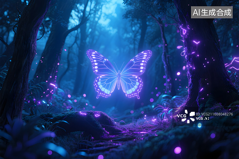 【AI数字艺术】奇幻森林发光蝴蝶图片素材