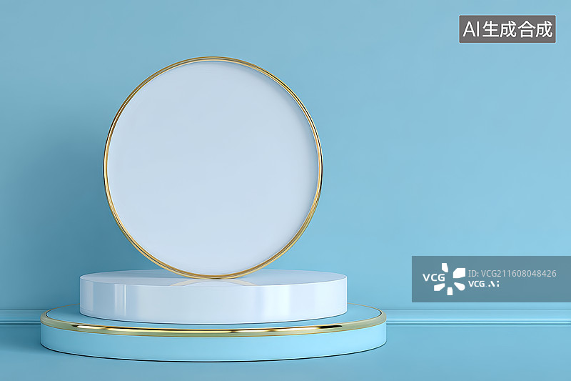 【AI数字艺术】蓝色背景下的金色边框圆形展示台图片素材