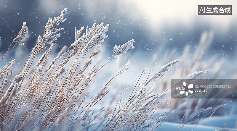 【AI数字艺术】风雪中的芦苇特写插画图片素材