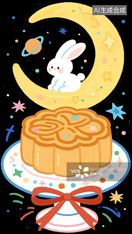 【AI数字艺术】中秋节玉兔和月饼涂鸦插画图片素材