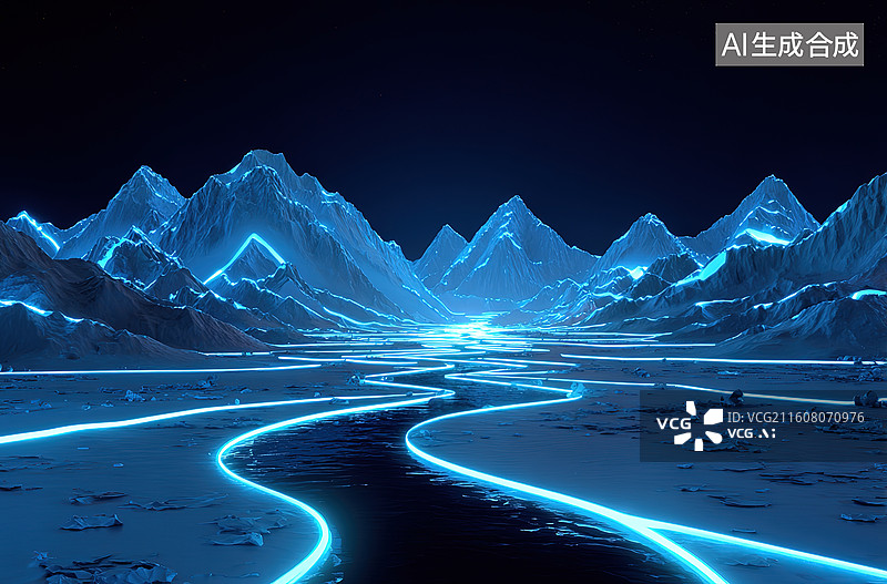 【AI数字艺术】发光河流穿行于冰川山脉图片素材
