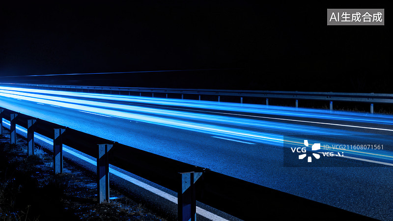 【AI数字艺术】《夜间公路蓝光线轨车流光效场景》图片素材