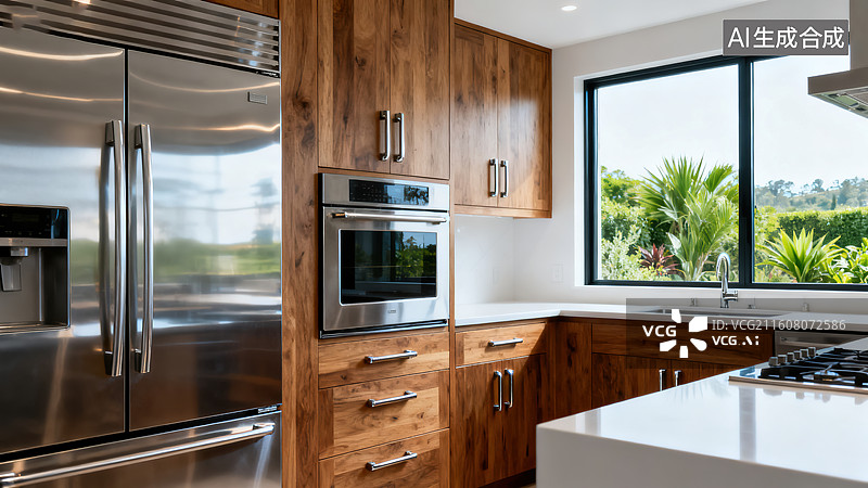 【AI数字艺术】《胡桃木橱柜不锈钢家电厨房场景》图片素材