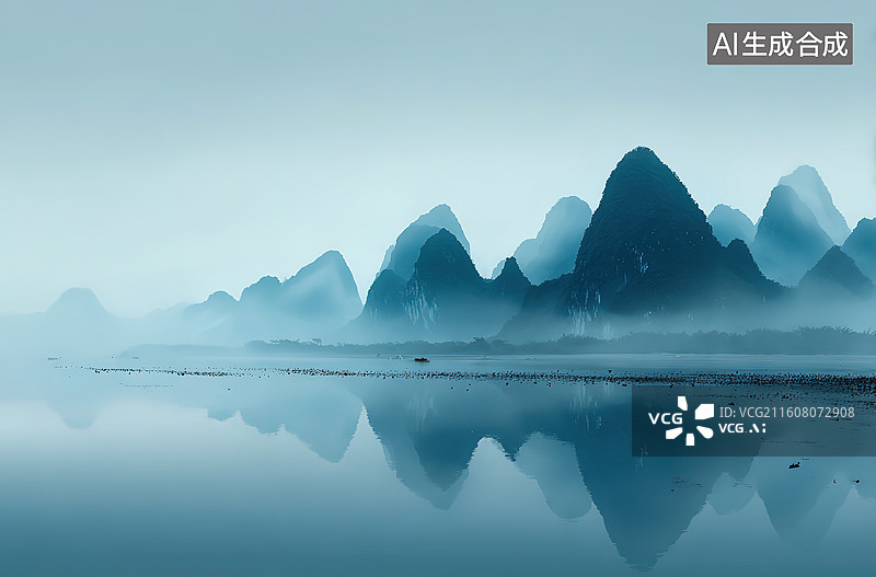 【AI数字艺术】山水倒影雾中景图片素材