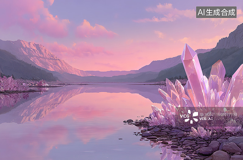【AI数字艺术】粉晶湖畔的梦幻山谷图片素材