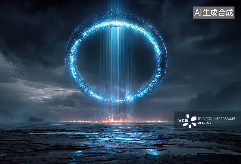 【AI数字艺术】神秘光环悬浮于海面之上图片素材