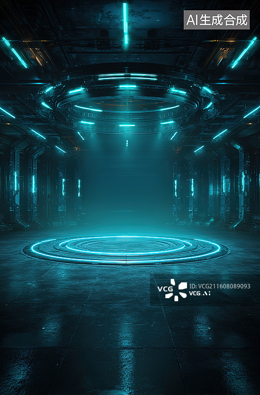 【AI数字艺术】未来科技走廊发光平台图片素材