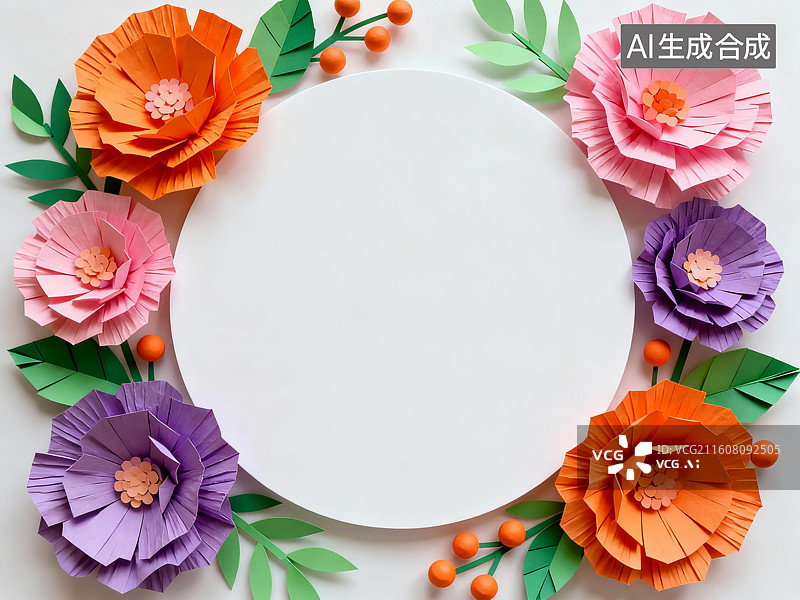 【AI数字艺术】彩色纸花环绕圆形空白图片素材