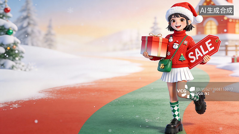 【AI数字艺术】双十二双旦圣诞风促销卡通女孩素材图片素材