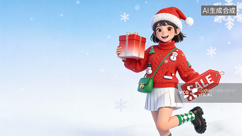 【AI数字艺术】双十二双旦圣诞风促销卡通女孩素材图片素材