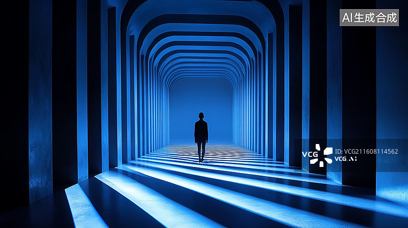 【AI数字艺术】光影隧道中的孤独行者图片素材