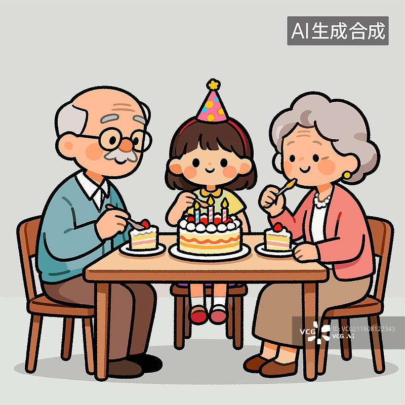 【AI数字艺术】小女孩与祖父母的生日图片素材