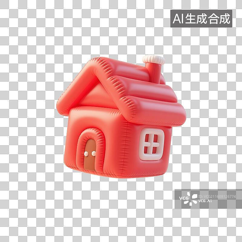 【AI数字艺术】3D渲染，充气膨胀风格，卡通小房屋，房子，住宅，不动产，房屋，住房，免抠元素图片素材