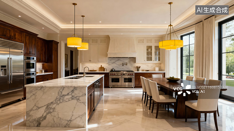 【AI数字艺术】现代厨房与餐厅一体空间图片素材