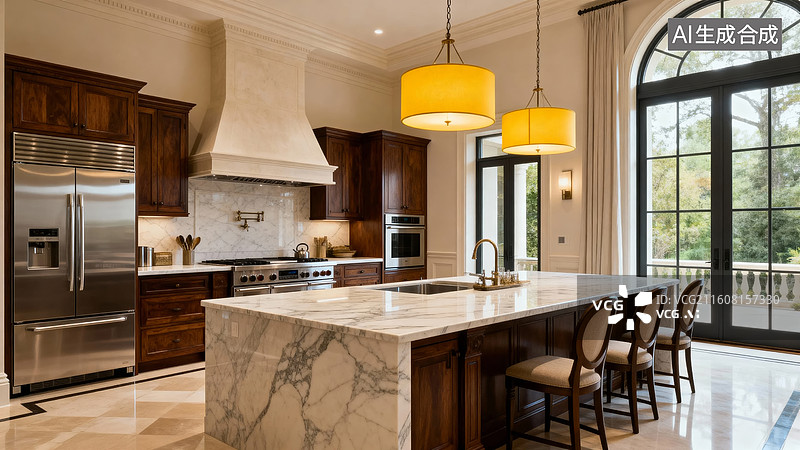 【AI数字艺术】现代厨房大理石岛台设计图片素材