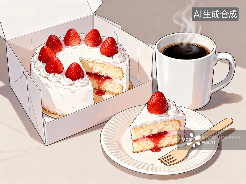 【AI数字艺术】草莓奶油蛋糕与热咖啡下午茶图片素材