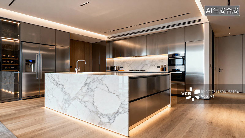 【AI数字艺术】现代厨房大理石岛台设计图片素材