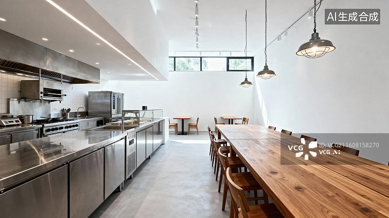 【AI数字艺术】现代开放式厨房与长桌餐厅图片素材