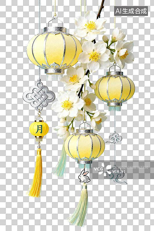 【AI数字艺术】黄色灯笼与白花装饰组合图片素材