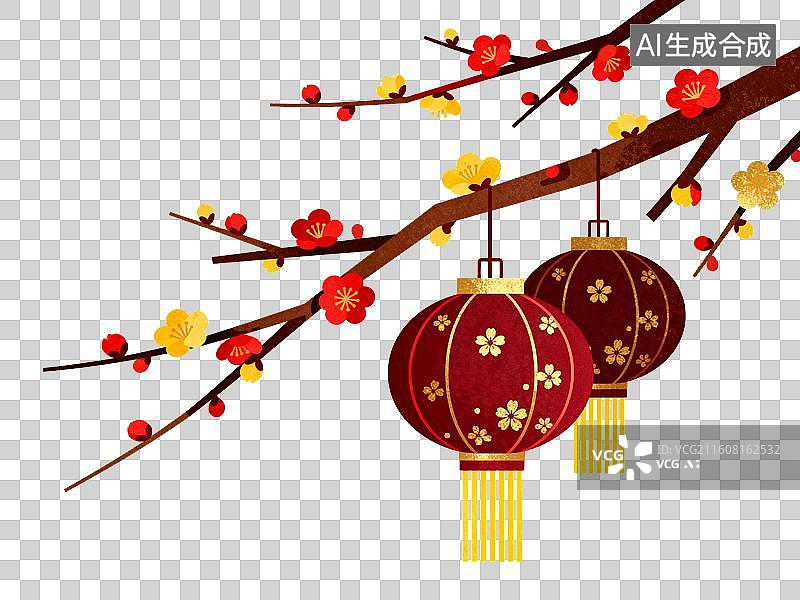 【AI数字艺术】红灯笼挂枝头梅花绽放迎新春图片素材