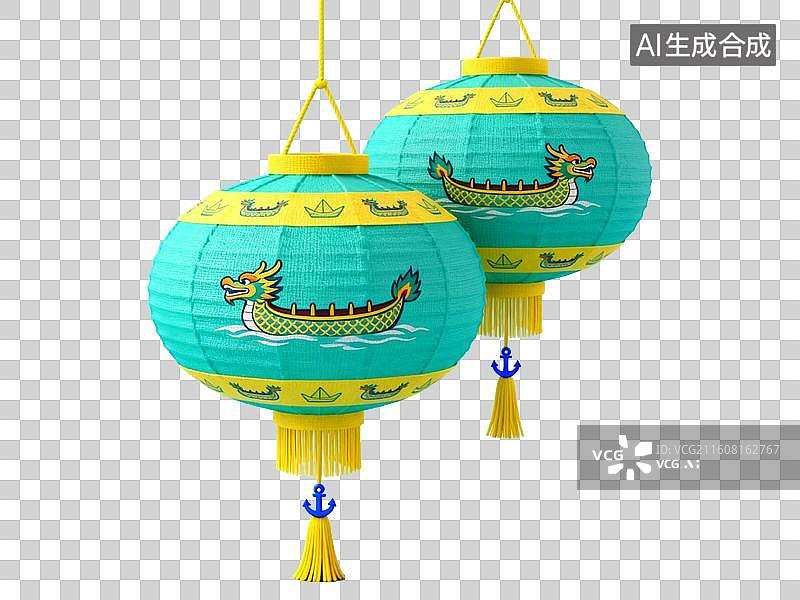 【AI数字艺术】青色龙舟灯笼悬挂装饰图片素材