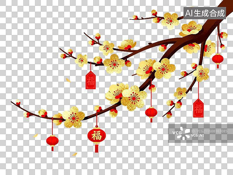 【AI数字艺术】金梅红灯福字迎新春图片素材