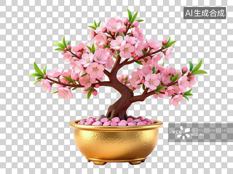 【AI数字艺术】粉色桃花盆栽金盆盛放图片素材