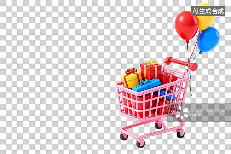 【AI数字艺术】粉色购物车装满礼物与气球图片素材