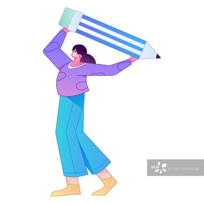 人物手持笔书写记录绘画造型矢量扁平渐变插画图片素材