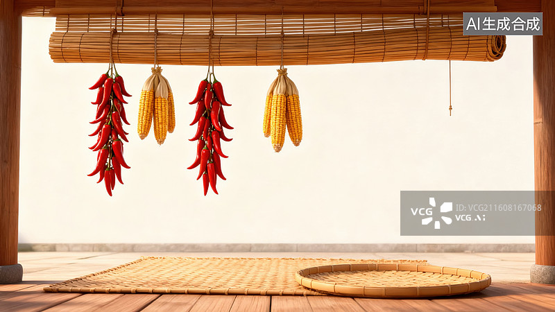 【AI数字艺术】传统农舍晾晒辣椒玉米图片素材