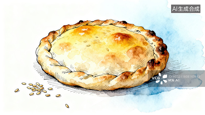 【AI数字艺术】水彩手绘酥皮烤饼图片素材
