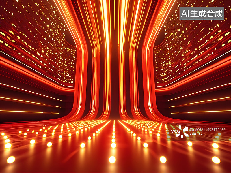 【AI数字艺术】年终总结活动主视觉背景，上半部分红色留空间，小半为浓郁中国红色飘带搭配璀璨金色光图片素材