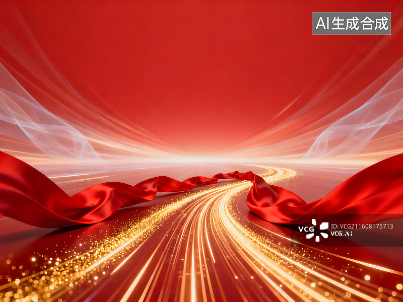 【AI数字艺术】年终总结活动主视觉背景，上半部分红色留空间，小半为浓郁中国红色飘带搭配璀璨金色光图片素材