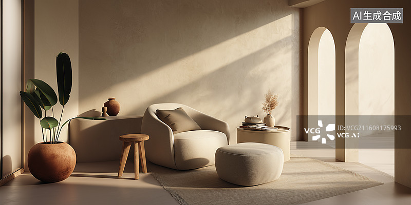 【AI数字艺术】米色客厅暖光休憩场景图片素材