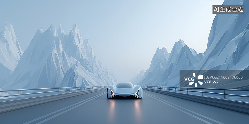 【AI数字艺术】银概念车几何雪路场景图片素材