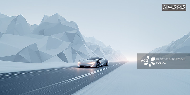 【AI数字艺术】银概念车几何雪路场景图片素材