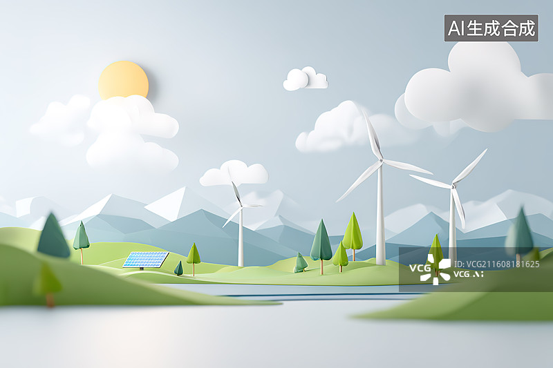 【AI数字艺术】剪纸风格山区中的风力发电机和光伏电池板新能源发电概念插画图片素材