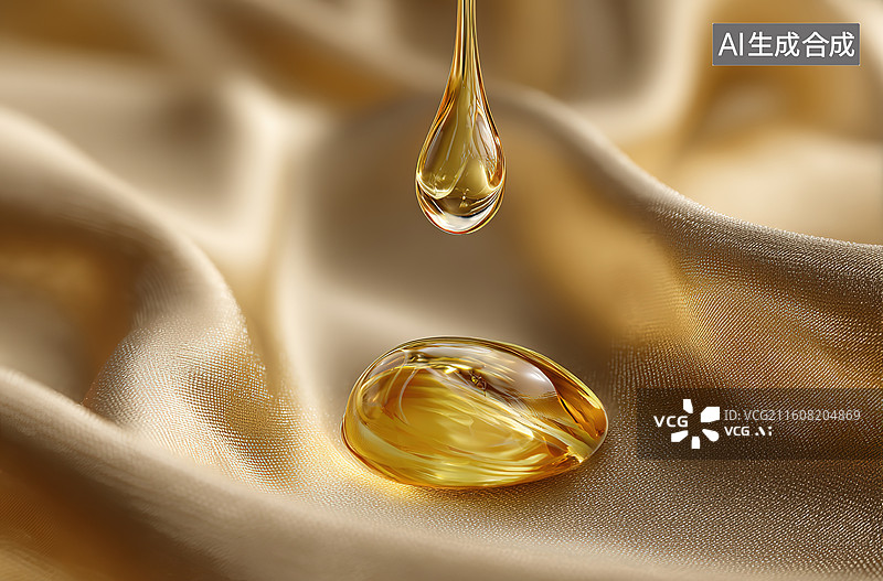 【AI数字艺术】金黄色液体滴落于丝质表面图片素材