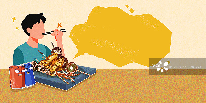 男孩吃烤串美食插画图片素材