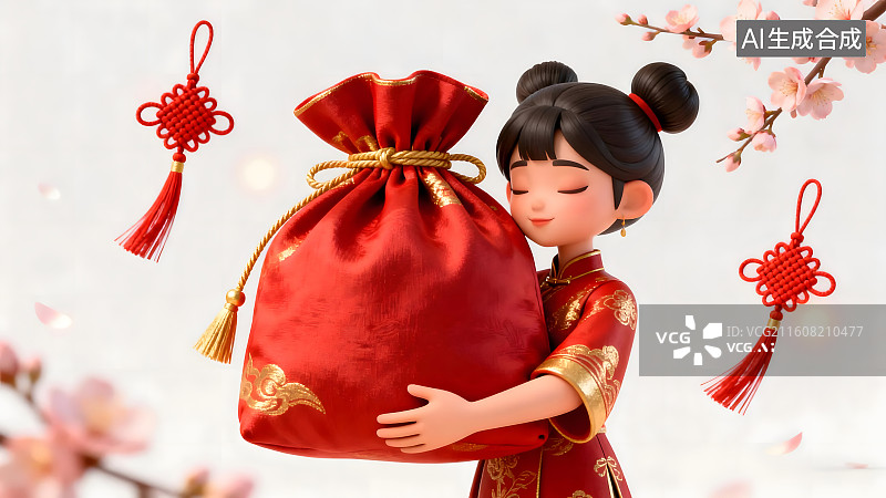 【AI数字艺术】少女怀抱福袋迎接新春祥瑞图片素材