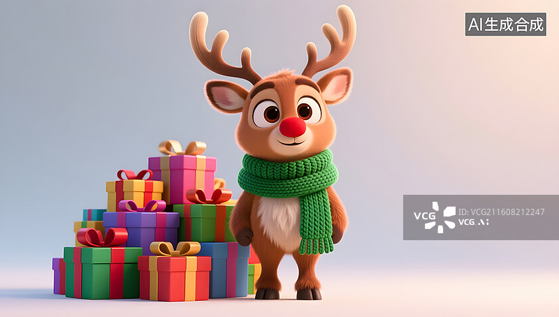 【AI数字艺术】红鼻子驯鹿围巾堆礼物场景图片素材