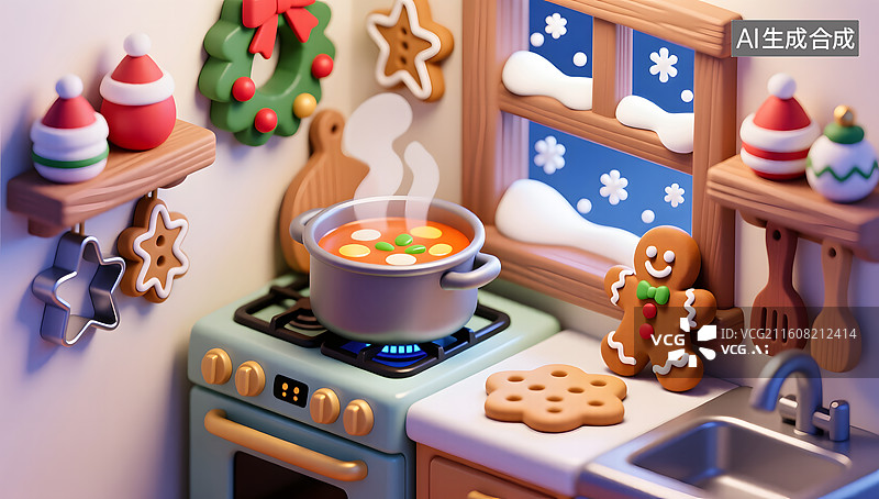 【AI数字艺术】圣诞厨房微缩场景温馨可爱图片素材
